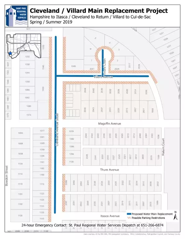 Map of Main replacement work area on Cleveland-Villard Map of Cleveland Ave. and Villard water main replacement area