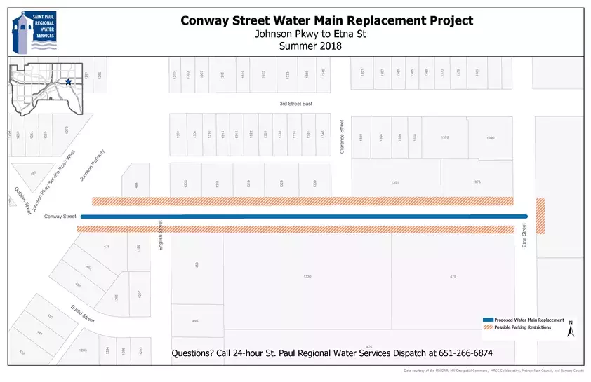 Map of Conway Street between Jessamine Ave. and Case Ave. where water main will be replaced.