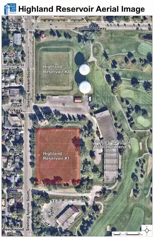 Image of Aerial view of Highland Park with reservoirs 