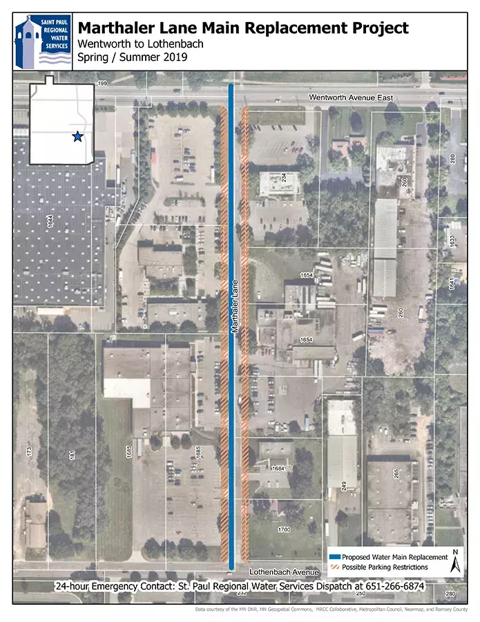 Map of Marthaler Lane from Wentworth to Lothebach water main replacement work area