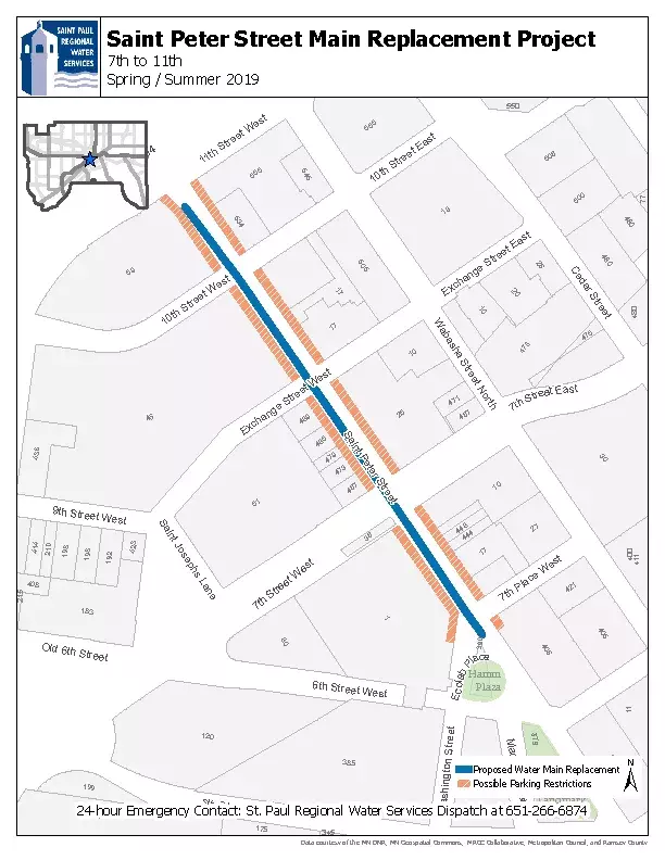 Map of St. Peter Street water replacement work between 7th Place and 11th St. West.