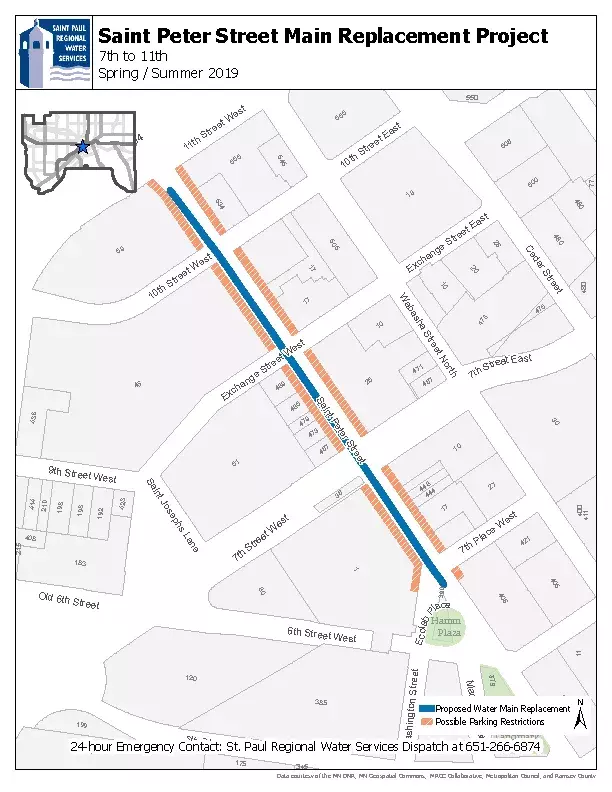 St. Peter Street water replacement Map of St. Peter Street water replacement work between 7th Place and 11th St. West.