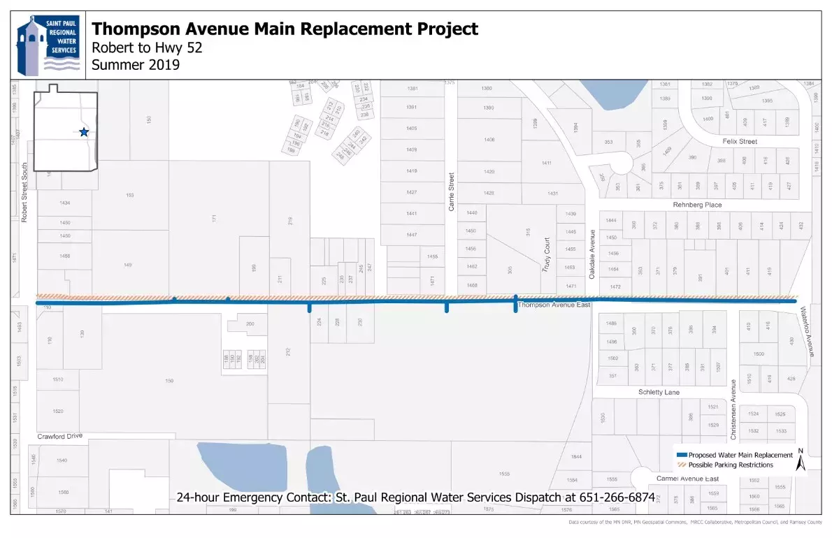 Map image of water main replacement work on Thompson