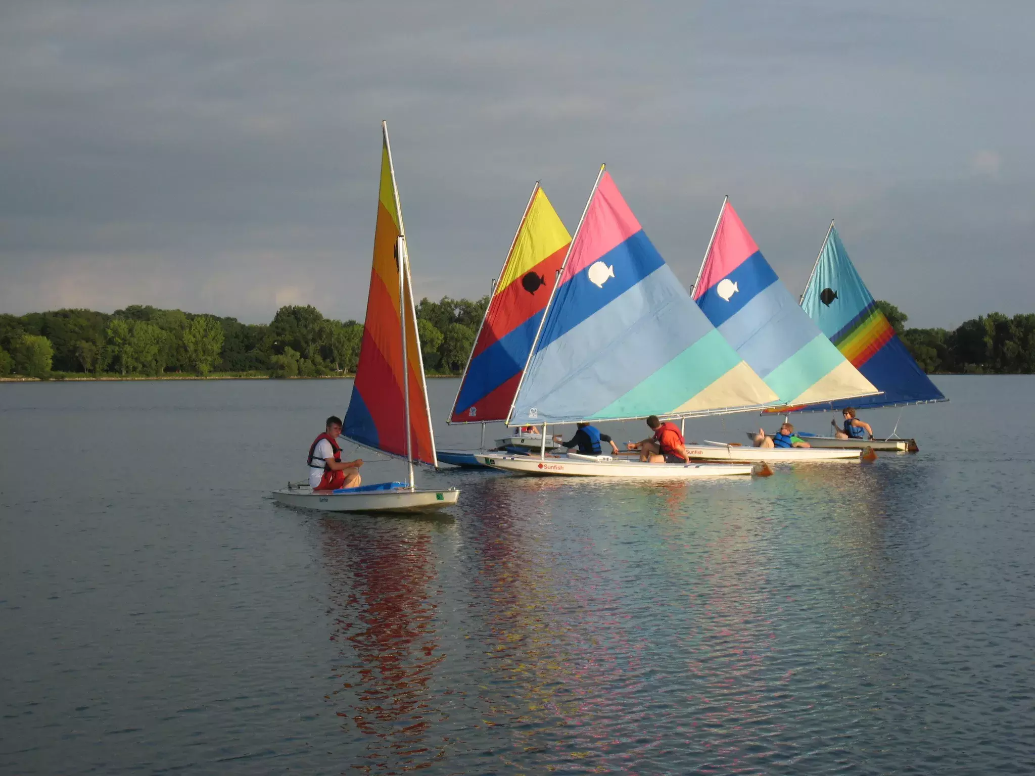 Five Sunfish sailboats with colorful sails on Lake Phalen. 