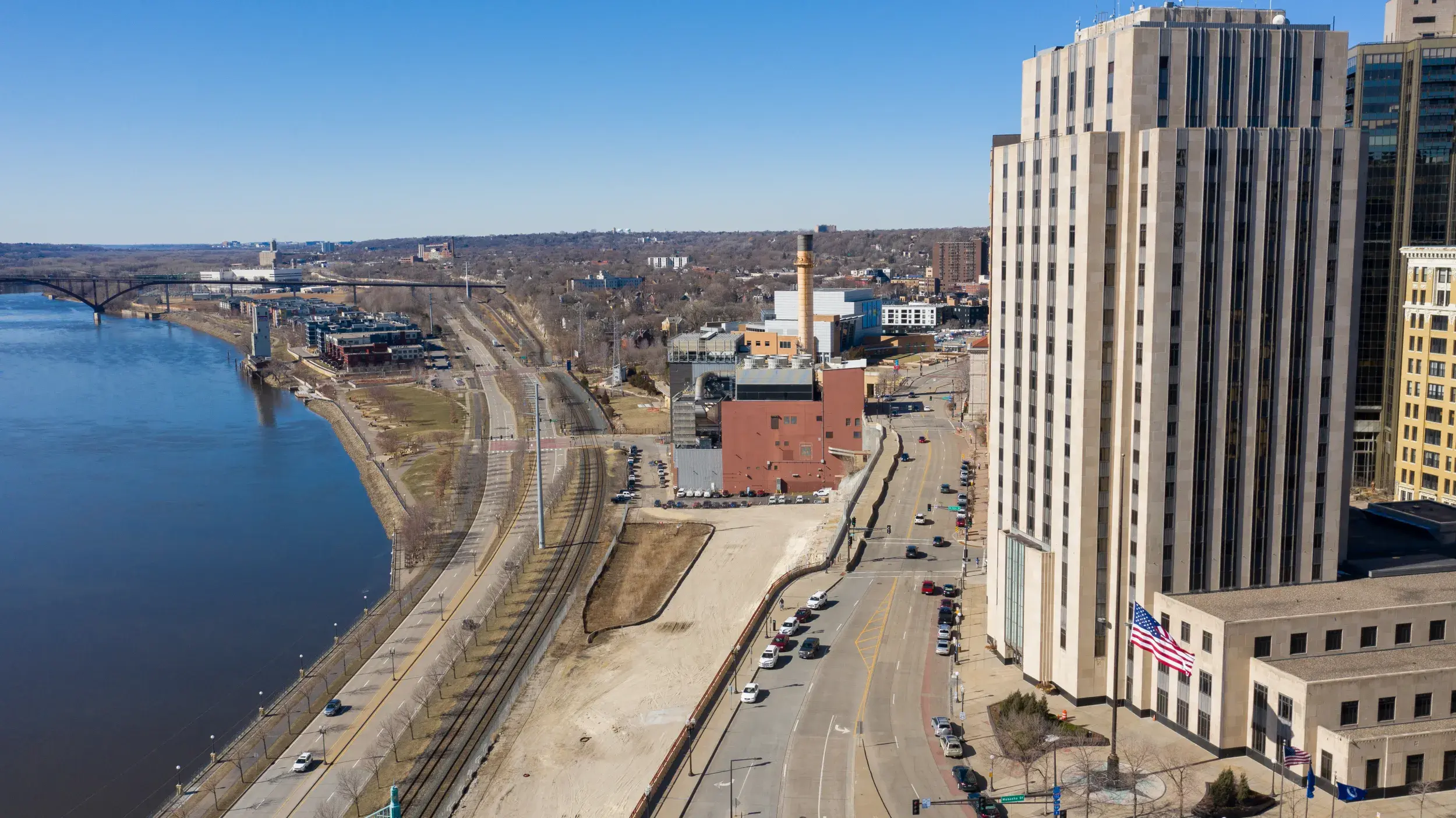 Drone photo of City Hall and the Mississippi River during the day