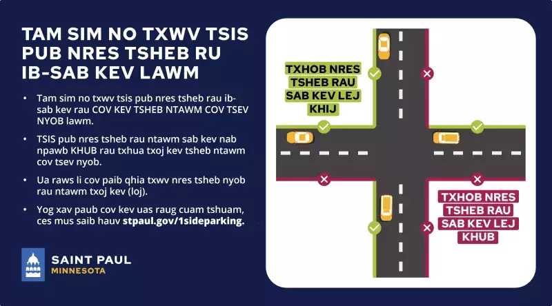 Graphic in Hmong: 1-sided parking ban in effect