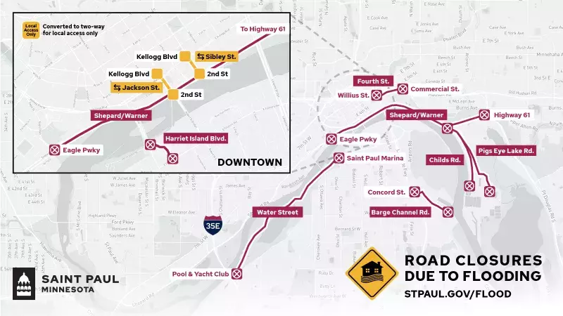 Graphic Map of Saint Paul Showing Road Closures closed to Mississippi River Flooding in red