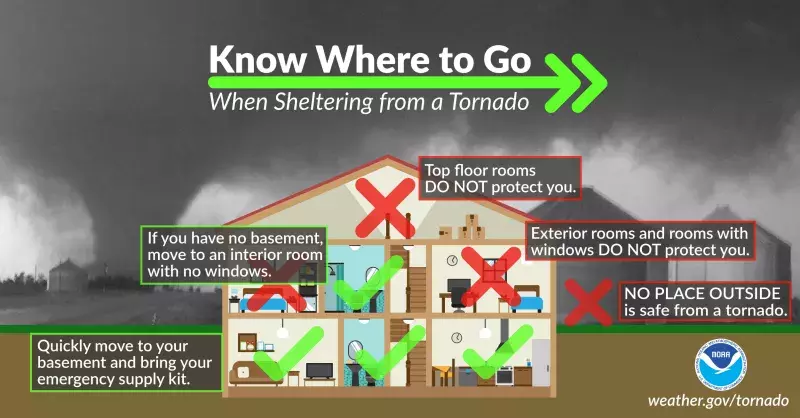 Graphic showing where to go in a house to stay safe from a tornado