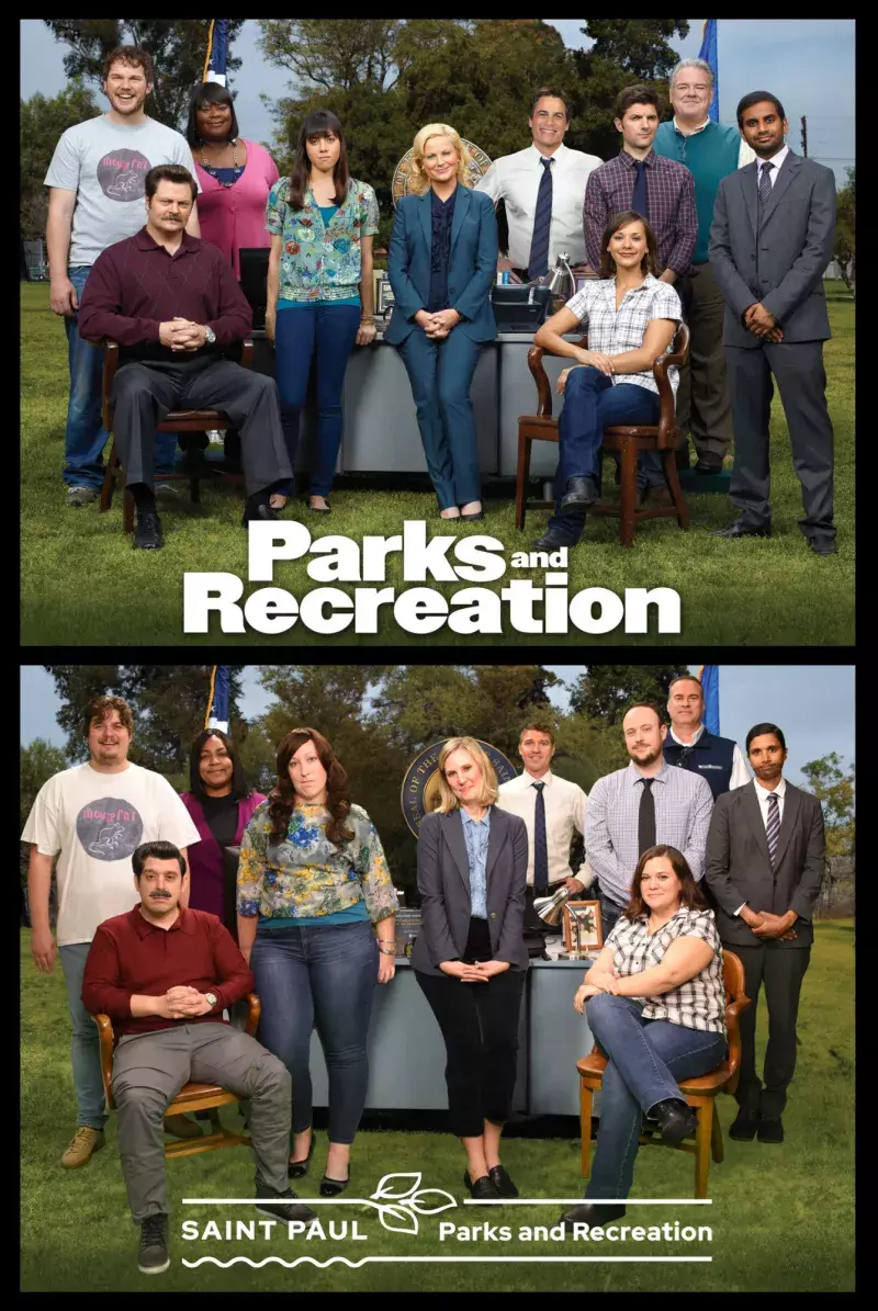 A side-by-side photo of the Parks & Rec tv show cast next to Saint Paul Parks & Rec staff dressed up as the characters reenacting the photo