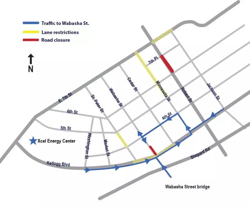 Map showing the detour to access local businesses on Wabasha Street during contsruction
