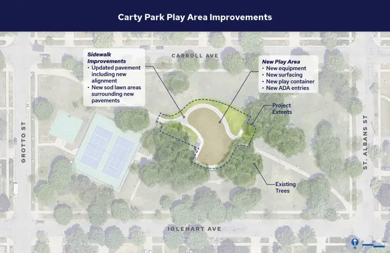 Plan drawing showing the outline of the new play area near the center of Carty Park.