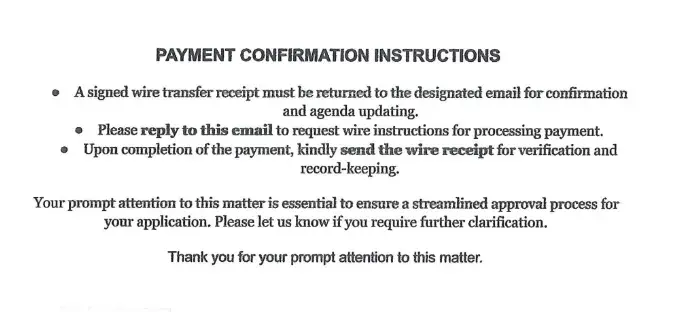 Screenshot of fraudulent invoice. The invoice asks recipient to reply to an email to request wire transfer instructions for payment processing. It requests prompt attention to this matter to ensure the recipient's application is approved.