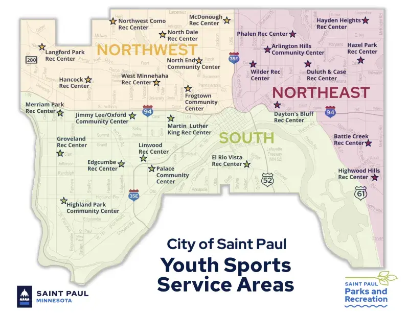 Map of Saint Paul recreation centers divided into three service areas. The Northwest service area includes Frogtown, Hancock, Langford Park, McDonough, Northwest Como, North End (formerly Rice), North Dale, and West Minnehaha rec centers. The Northeast service area includes Arlington Hills, Battle Creek, Dayton's Bluff, Duluth & Case, Hazel Park, Hayden Heights, Highwood Hills, Phalen, and Wilder rec centers. The South service area includes Edgcumbe, El Rio Vista, Groveland, Highland Park, Jimmy Lee/Oxford, Linwood, Martin Luther King, Merriam Park, and Palace rec centers.