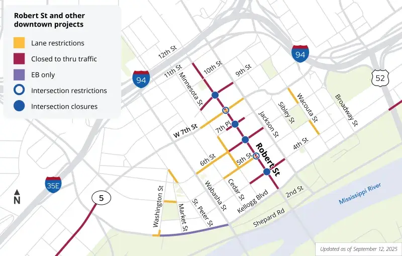 Map showing road closures and lane restriction in downtown Saint Paul September 12, 2025