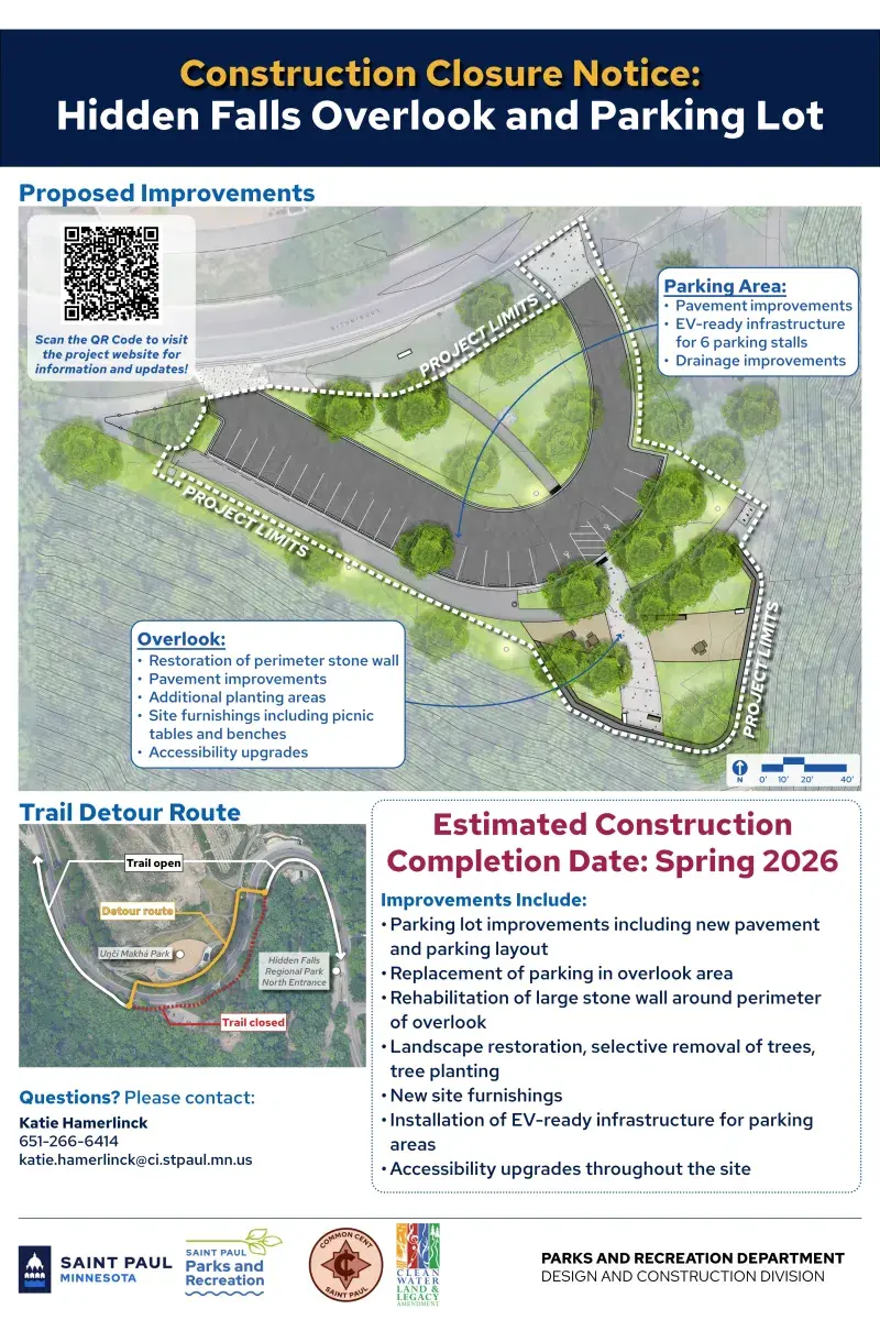 The construction poster shows and describes the upcoming improvements to the Overlook. New pavement, restoration of the stone wall, site furnishings, EV-ready infrastructure, and landscaping will be included in the project.