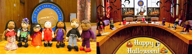 seven crocheted dolls she made of the members of the St. Paul City Council