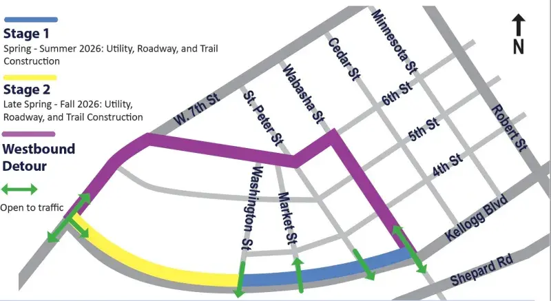 Map showing the Capital City Bikeway Phase 2 construction staging. Stage 1 Kellogg from Wabasha to Washington. Stage 2 Washington to West 7th.