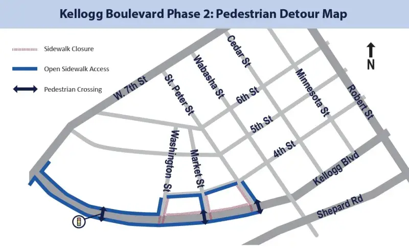 Map showing pedestrian detours for CCB Kellogg construction spring 2026