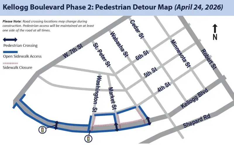 Map showing pedestrian detours for CCB Kellogg construction spring 2026. More information call 651-266-6100