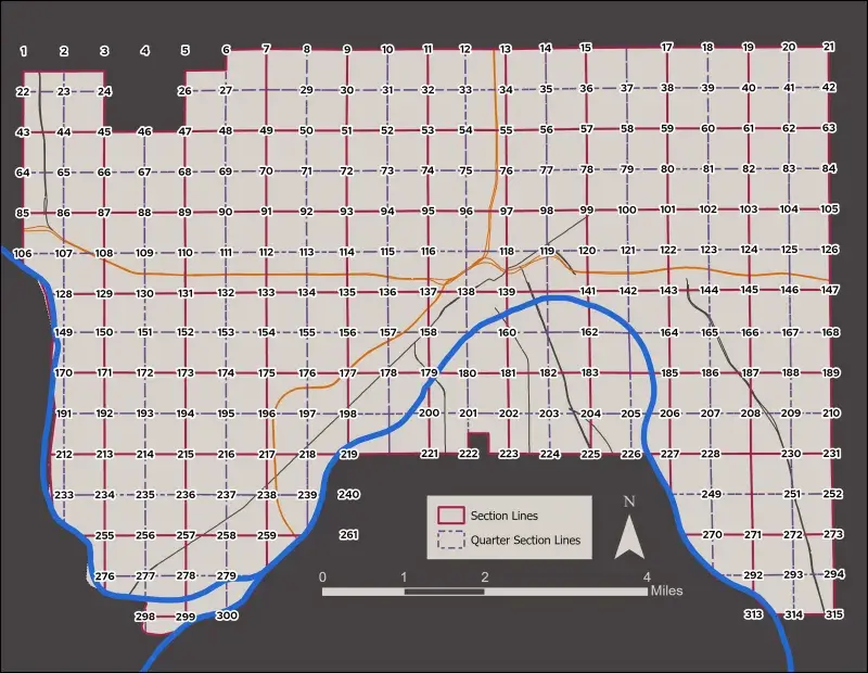 Map displaying the PLSS grid within the boundaries of Saint Paul