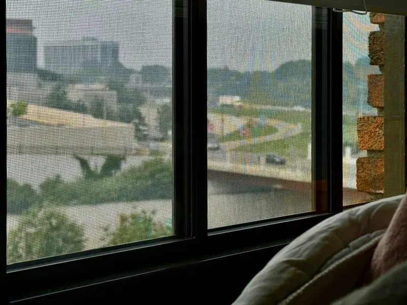 A view of downtown Saint Paul from a fifth-story window, showing a bridge