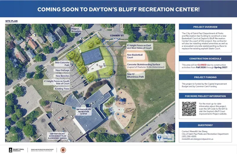 New Basketball Court and Skateboarding area with related seating, fencing, and garbage receptacles.