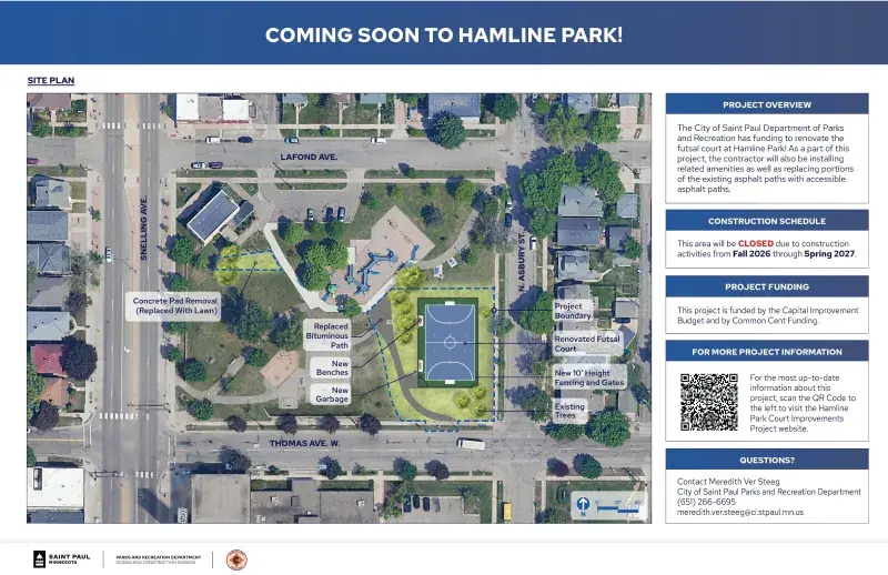Park with newly renovated futsal court, seating, garbage receptacles, and asphalt paths.