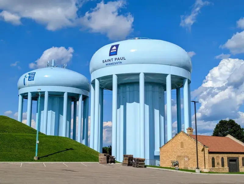 Highland water towers with SPRWS and City of Saint Paul logos on the side of the towers