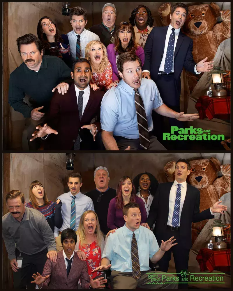 Saint Paul Parks and Recreation staff dressed up as the cast of the TV show Parks and Recreation. 