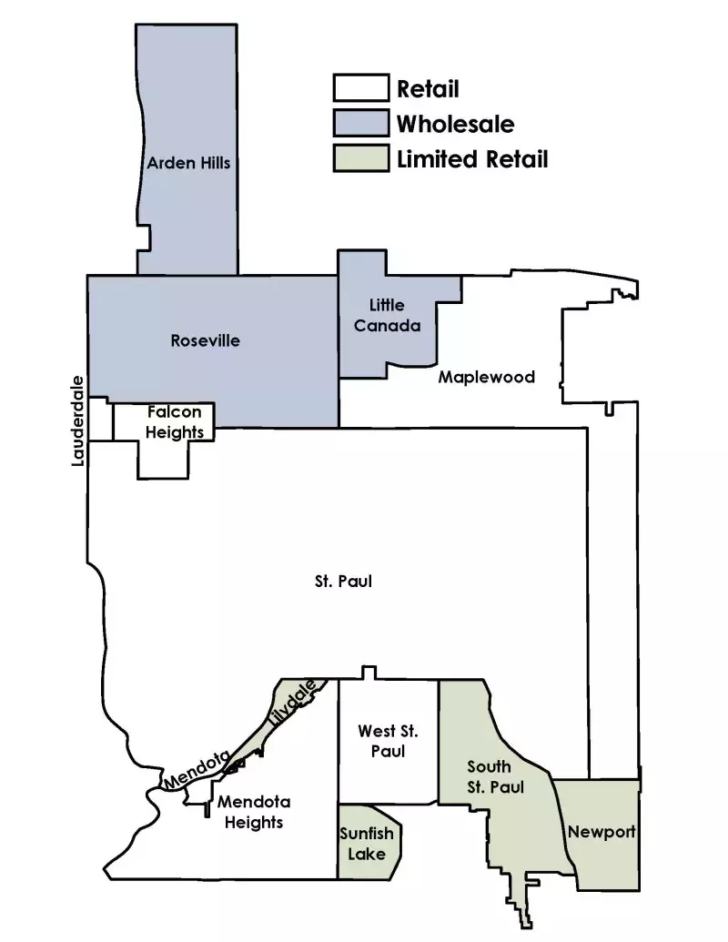 Map of service area. Retail is St Paul, Maplewood, Falcon Heights, Lauderdale, West St Paul, Mendota, Mendota Heights. Limited retail is Lilydale, Sunfish Lake, South St Paul, and Newport. Wholesale is Roseville, Arden Hills, Little Canda.