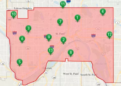 Map of Saint Paul Indicating Locations where Holiday Lights can be Dropped Off for Recycling