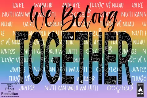 "We belong together" message in Somali, English, Hmong, Karen, and Spanish on a rainbow background.