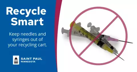 Image of needles with text: Recycle Smart, keep needles and syringes out of your recycling cart