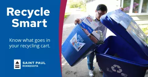 image of man putting recycling into cart with text: recycle smart, know what goes in your recycling