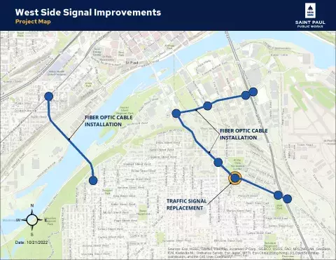 Map of west side signal improvements showing project area on Smith Avenue between 7th Street and George Street, on Plato Boulevard between Wabasha Street and US 52, and on Wabasha Street/Cesar Chavez Street between Plato Boulevard and US 52