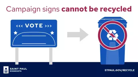 Info graphic with a campaign yard sign and a recycling cart. There is an X over the recycling cart to show that this is not where the signs go.