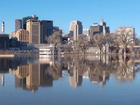 View from Wiggington Pavilion looking downtown over flooded water