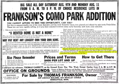 Newspaper article featuring information about a housing development in Como neighborhood that includes racial covenant language.