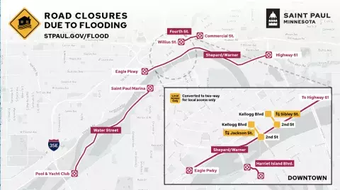 Map of Saint Paul highlighting current road closures due to flooding