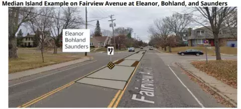 Example of a median island that is planned to be constructed on Fairview Avenue at Eleanor, Bohland, and Saunders