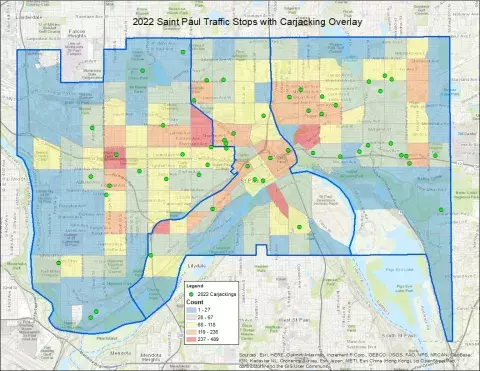 Map of Saint Paul Traffic Stops in 2022 with Carjacking Overlay