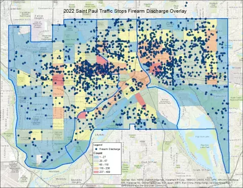 Map of Saint Paul Traffic Stops in 2022 with Firearm Discharge Overlay