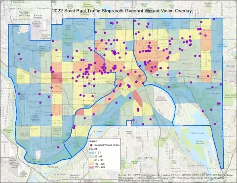 Map of Saint Paul Traffic Stops in 2022 with Gunshot Wound Victim Overlay