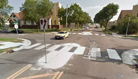 Photo showing an example of a pedestrian median crossing on Hamline Avenue in Saint Paul