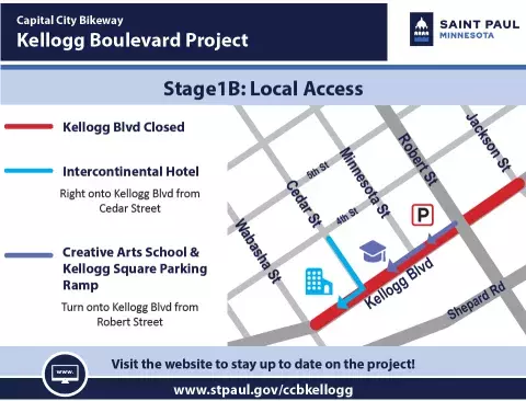 Kellogg Boulevard Closed: Local Access Map to InterContential Hotel, Creative Arts School and Kellogg Square Parking Ramp