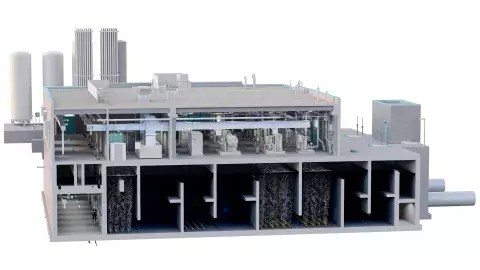 Cutaway profile of rendering of ozone and recarbonation basins in new McCarrons treatment plant design