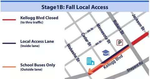 Map of local access on Kellogg Boulevard between Jackson Street and Wabasha Street during Kellogg Boulevard construction.