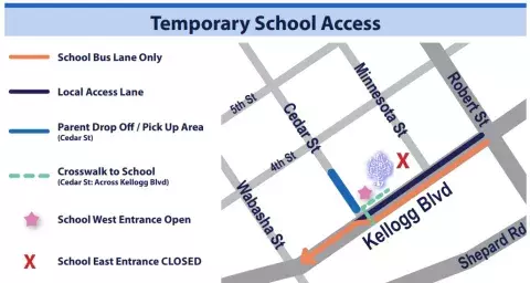 Temporary School Access on Kellogg Boulevard between Robert Street and Wabasha Street during road construction.