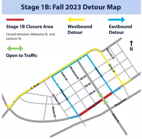 Map showing Kellogg Boulevard closed between Jackson Street and Wabasha Street. Detour westbound on Sibley Street to East 7th Street. Detour eastbound on Wabasha Street to East 7th Street to Sibley Street.