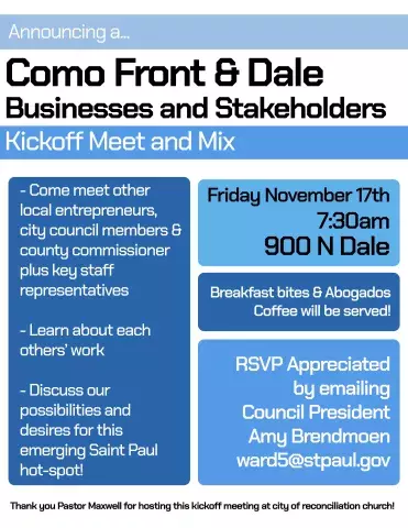 Como Front & Dale Businesses and Stakeholders Kickoff Meet and Mix Flyer